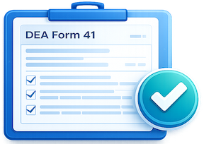 Illustration of a completed DEA Form 41 with a checkmark badge